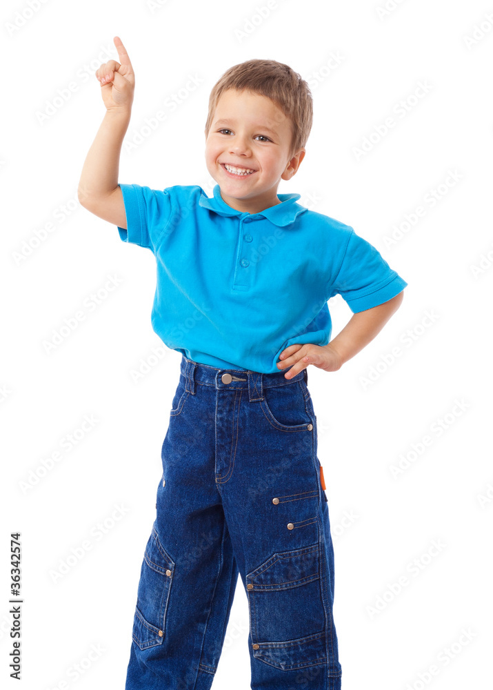 Smiling little boy with empty pointing hand Smiling little boy with empty pointing hand