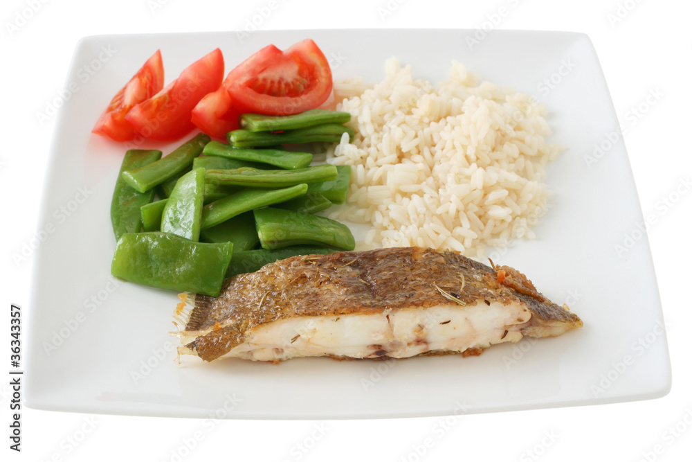 Fried flounder with rice and vegetables Fried flounder with rice and vegetables