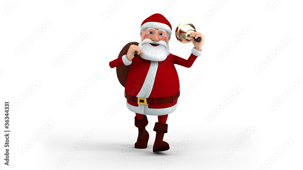 Cartoon Santa Claus walking with gift bag and bell - front Cartoon Santa Claus walking with gift bag and bell - front