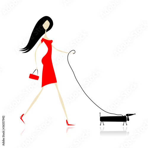 Woman in red dress walking with dog
