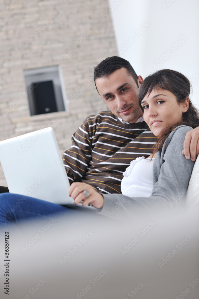joyful couple relax and work on laptop computer at modern home joyful couple relax and work on laptop computer at modern home