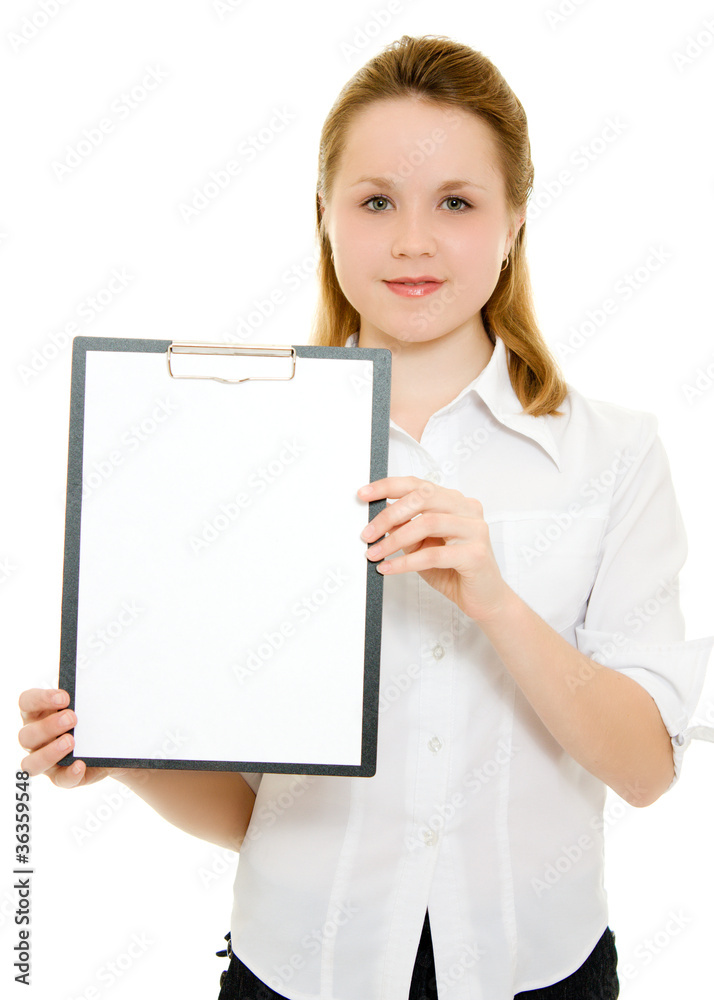 Businesswoman with a white board in his hands. Businesswoman with a white board in his hands.
