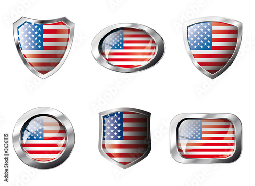 USA America set shiny buttons and shields of flag with metal fra