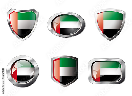 United arab emirates set shiny buttons and shields of flag with