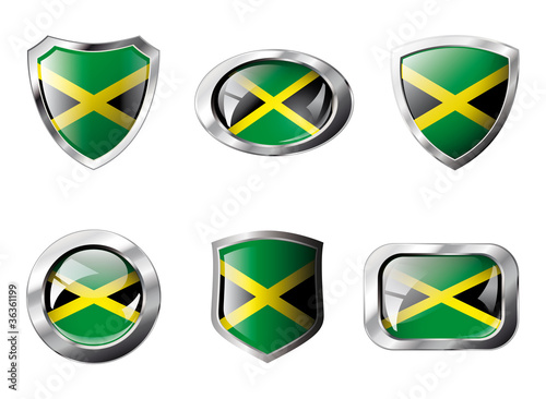 Jamaica set shiny buttons and shields of flag with metal frame -