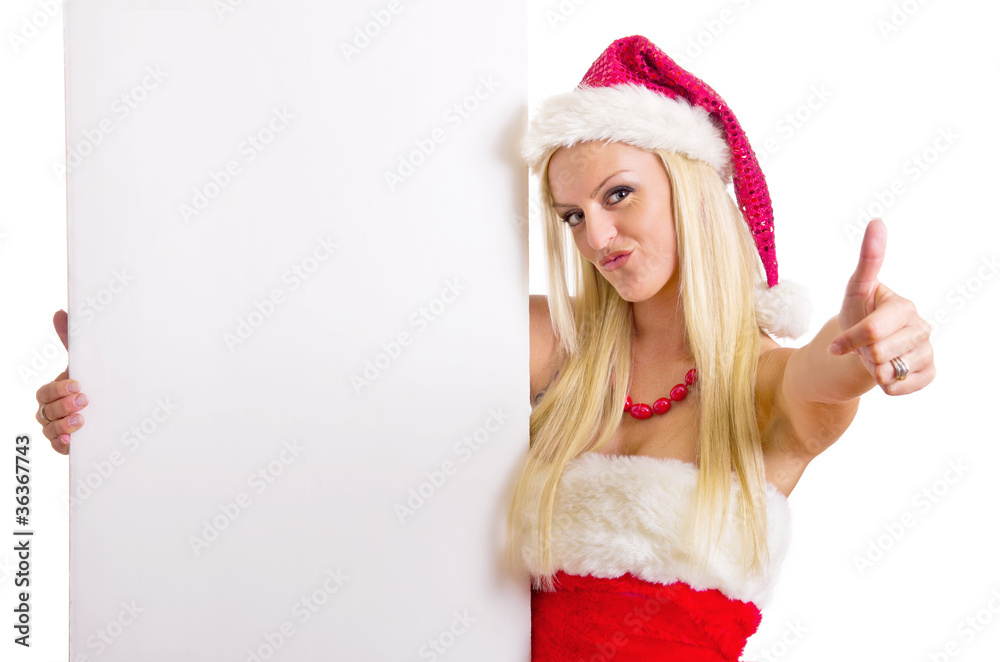 Weihnachtsfrau mit Werbetafel zeigt Topdaumen