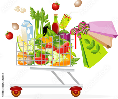 Supermarket shopping cart with food photo