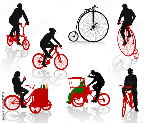 Silhouettes of people on bicycles.