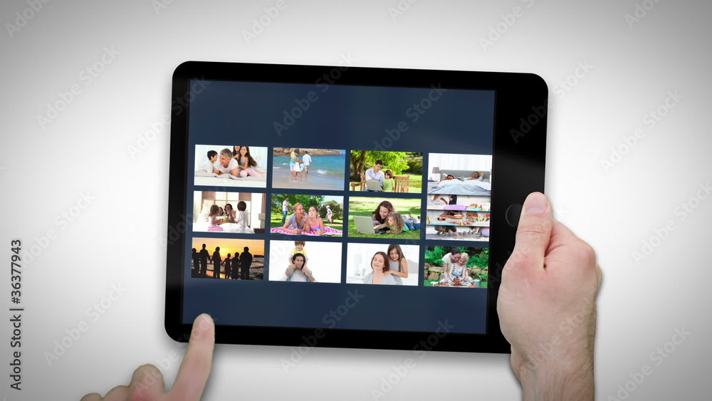 Tablet computer showing families relaxing Tablet computer showing families relaxing