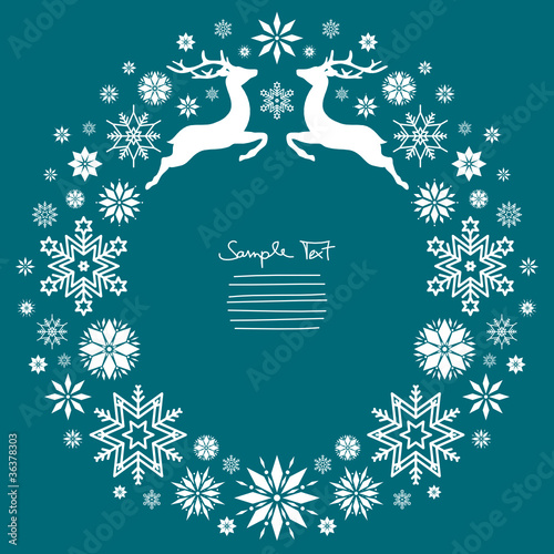 Christmas Wreath Flying Reindeer Turquoise Background