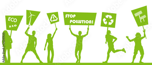 Green people protest, picket against pollution. Ecology world