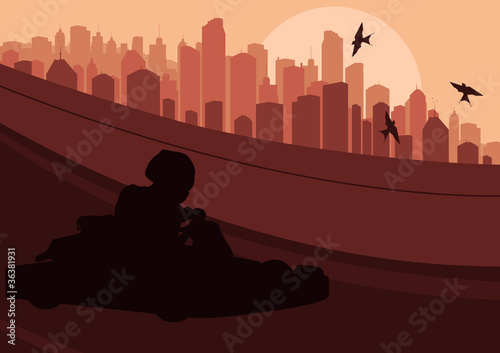 Go cart drivers race track and skyscraper city landscape