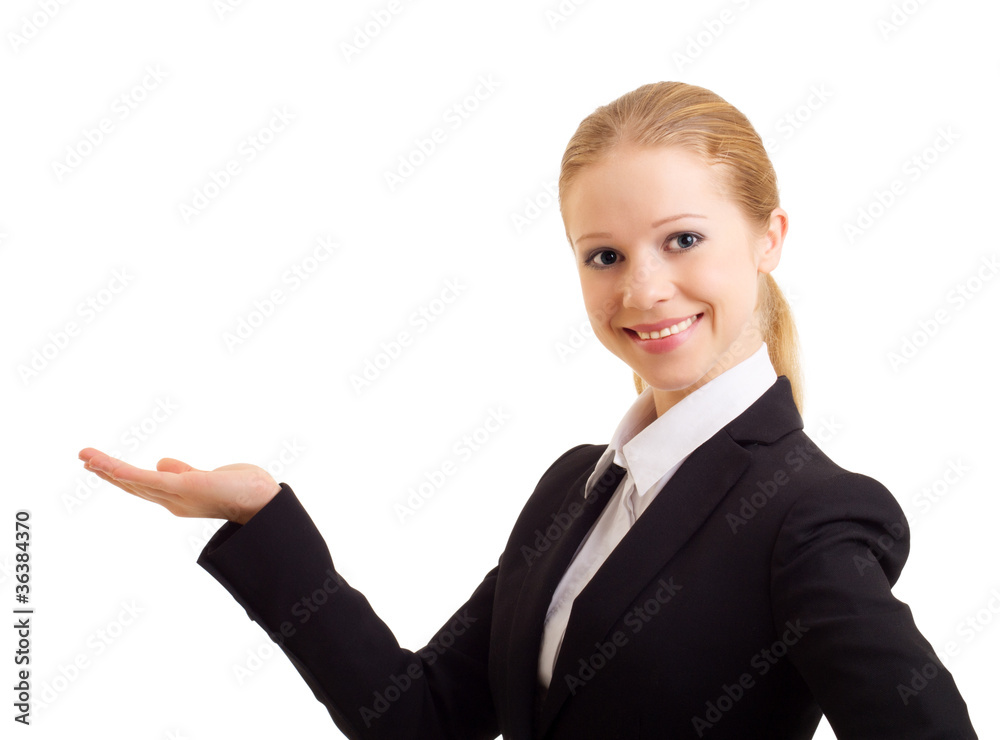 business woman holding and presenting a product business woman holding and presenting a product