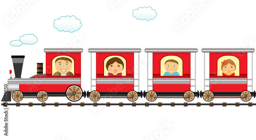 cute red train and cheerful cartoon family