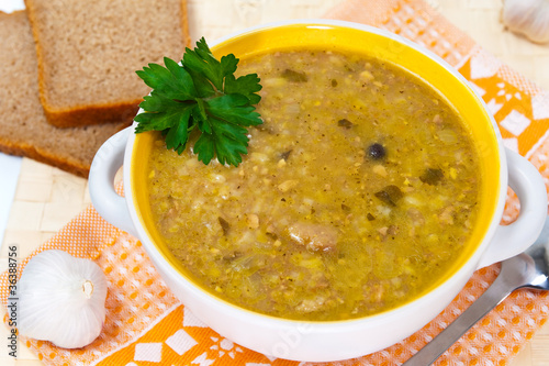 Traditional Georgian soup with meat and rice