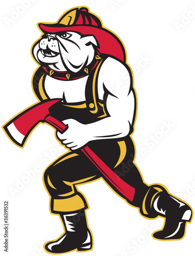 bulldog dog fireman with axe walking cartoon