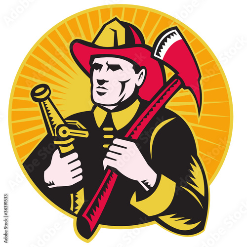 fireman firefighter fire hose and axe