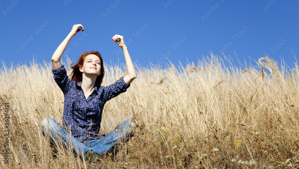 Portrait of happy red-haired girl on autumn grass Portrait of happy red-haired girl on autumn grass
