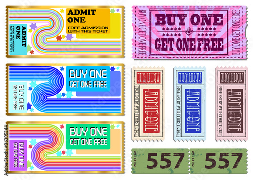 Colorful free admission and sale ticket Illustrations