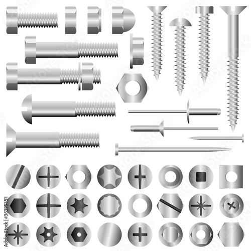 Vector set of nuts, bolts, screws and rivets