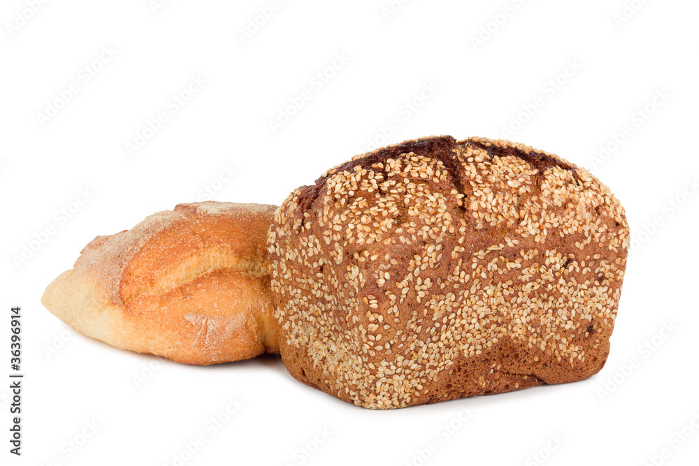 Baked rye bread with linseeds on the white isolated background