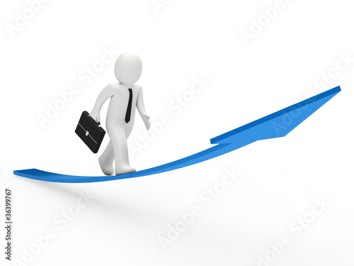 3d businessman run blue arrow