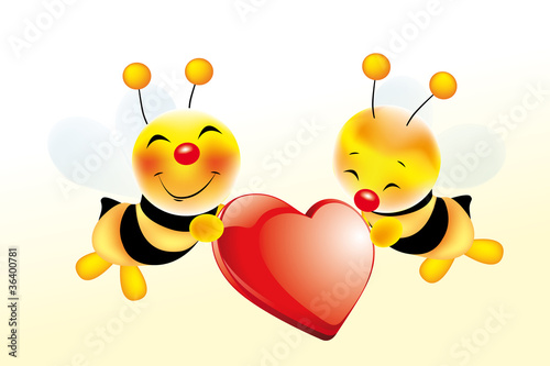 Two cute bees in love with glossy red heart