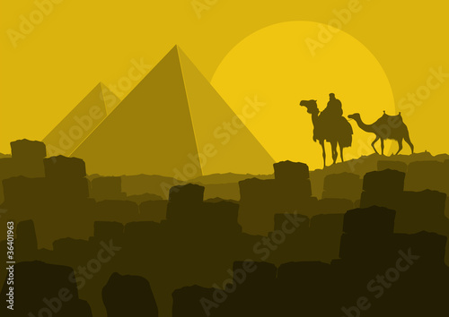 Camel caravan in wild Africa pyramids ruins landscape