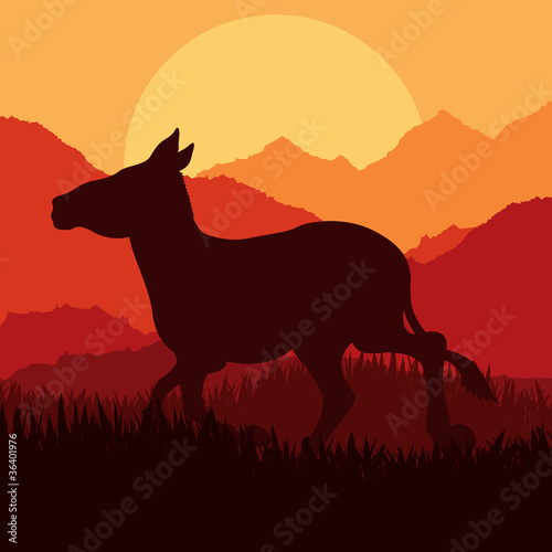 Donkey in wild nature landscape illustration