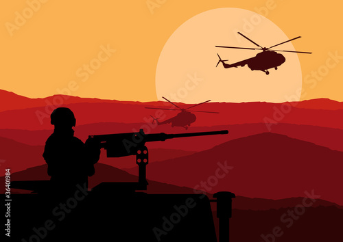 Army soldier in desert skyscraper city landscape