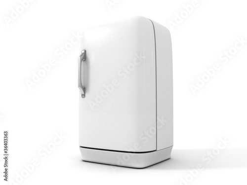 White retro refrigerator on white photo
