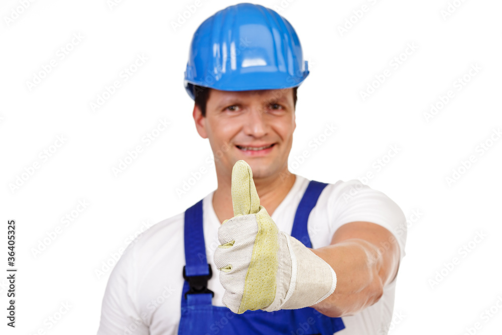 bauarbeiter mit blauen helm zeigt daumen hoch bauarbeiter mit blauen helm zeigt daumen hoch