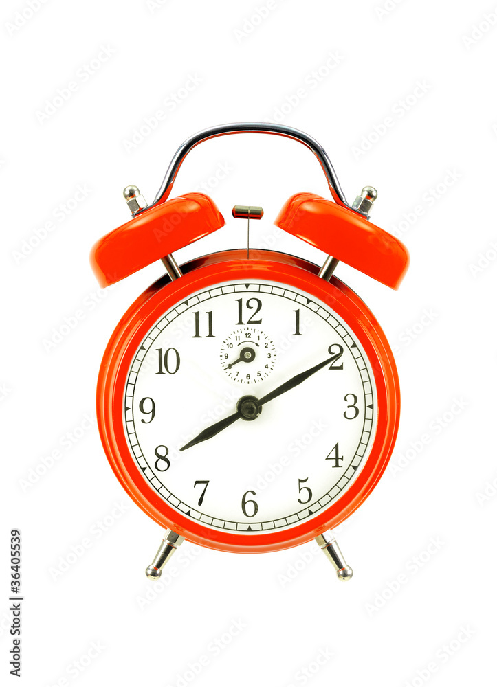 close up of a red bell clock (alarm clock) isolated on white bac close up of a red bell clock (alarm clock) isolated on white bac