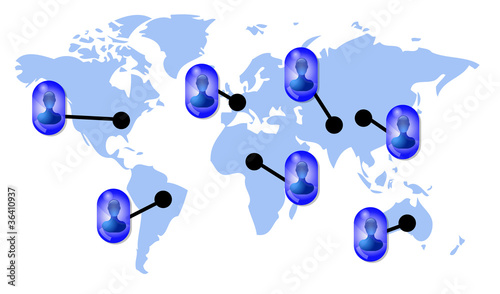 Friends in social media network on world map