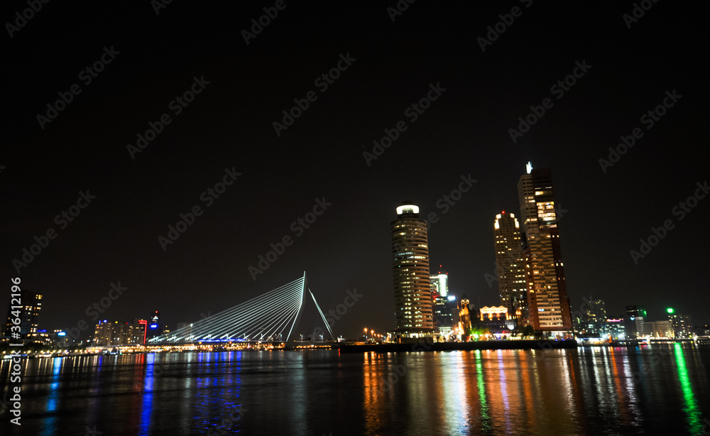 Rotterdam night view to Maas river and Erasmus bridge