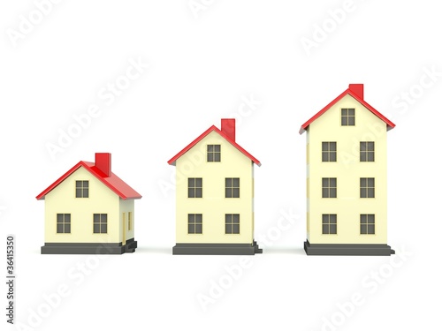 Three houses with red roof isolated on white