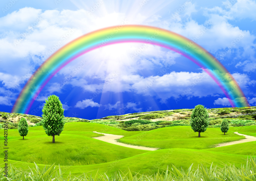 Rainbow in the blue sky over a glade