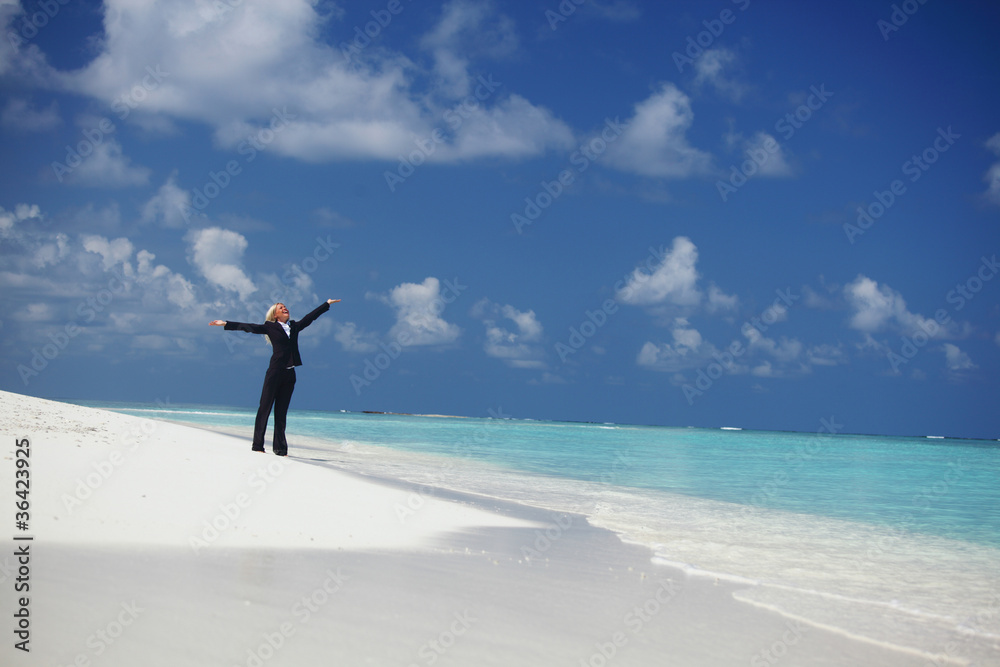 happy business woman on the ocean coast happy business woman on the ocean coast