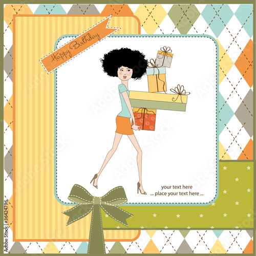 young lady carrying an armful of gifts