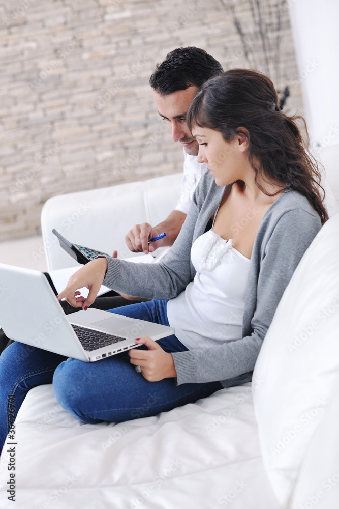 joyful couple relax and work on laptop computer at modern home joyful couple relax and work on laptop computer at modern home