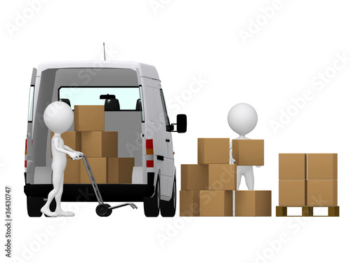 3d small persons carrying the hand truck with boxes. Boxes and v