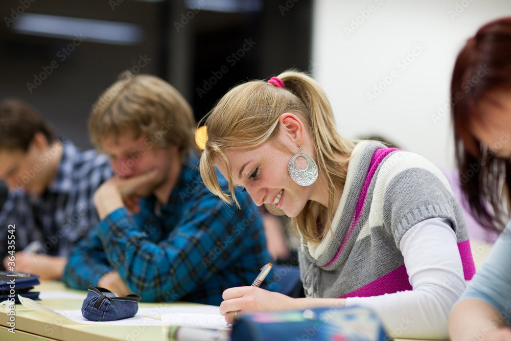pretty, female college student sitting in a classroom pretty, female college student sitting in a classroom