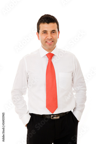 Happy young business man isolated on white background