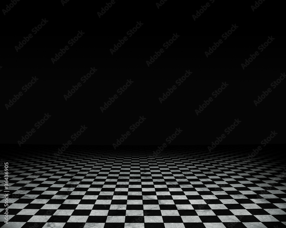 Grunge empty interior with checkered marble floor