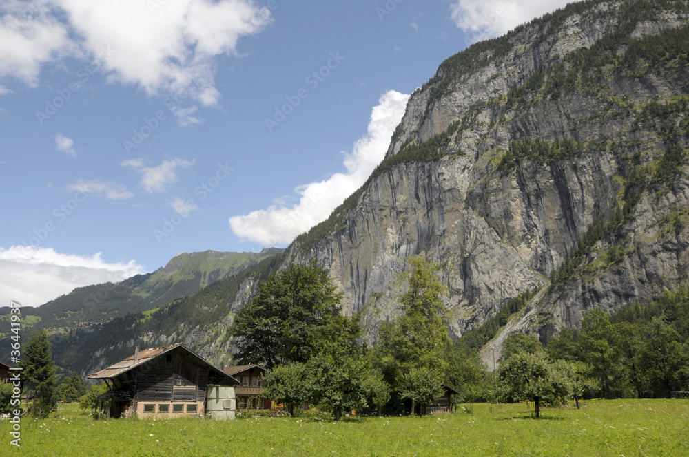 Farmland in the Lauterbrunnen Valley in Switzerland