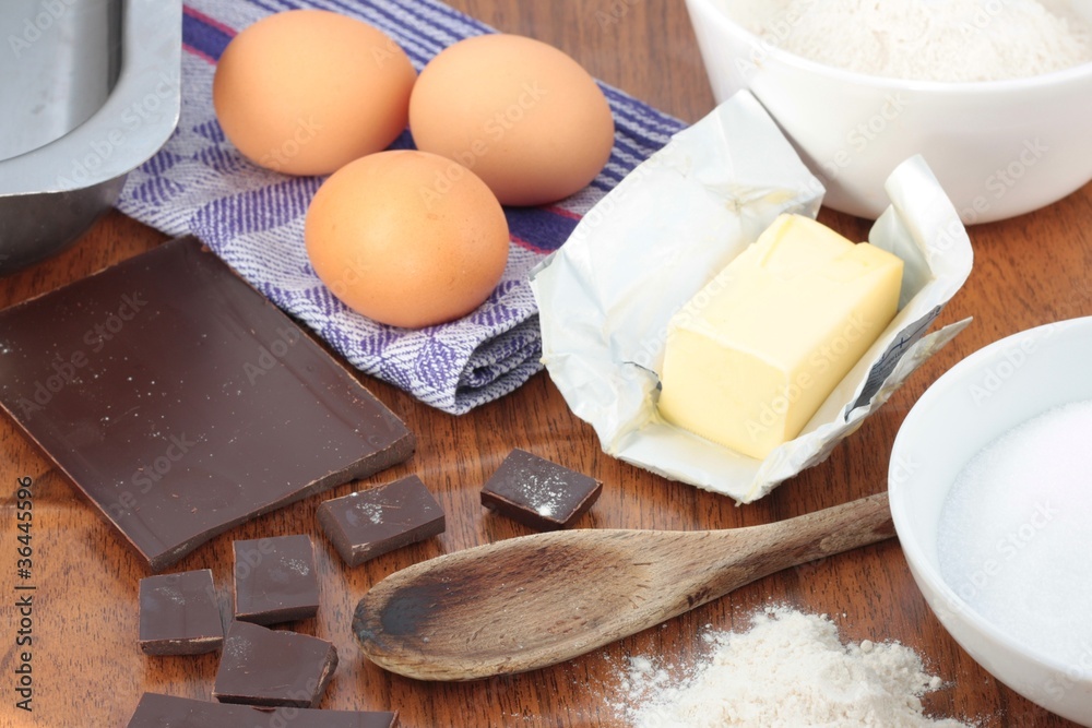 Baking ingredients for chocolate brownies Baking ingredients for chocolate brownies