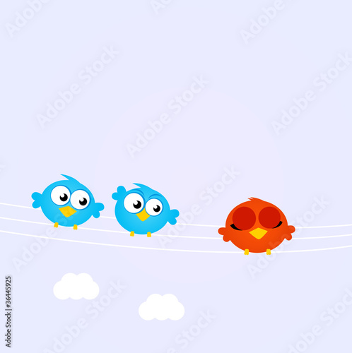Blue Birds in line with the diverse red one..