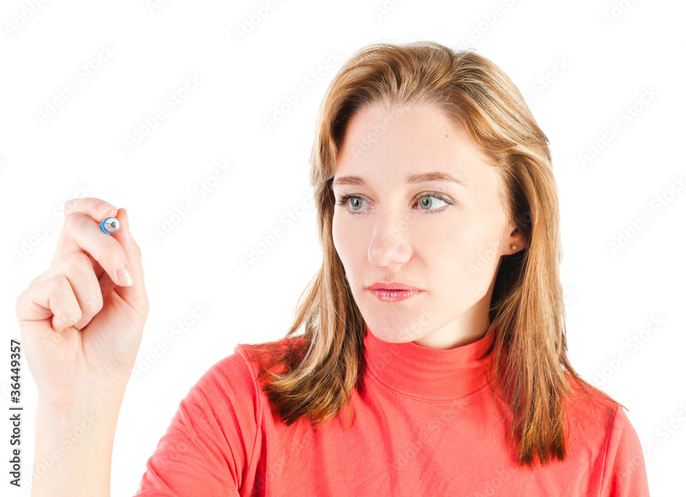 Young business woman writing on glass close up Young business woman writing on glass close up