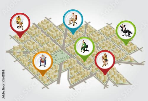 Isometric city map with colorful pointers with people on chair