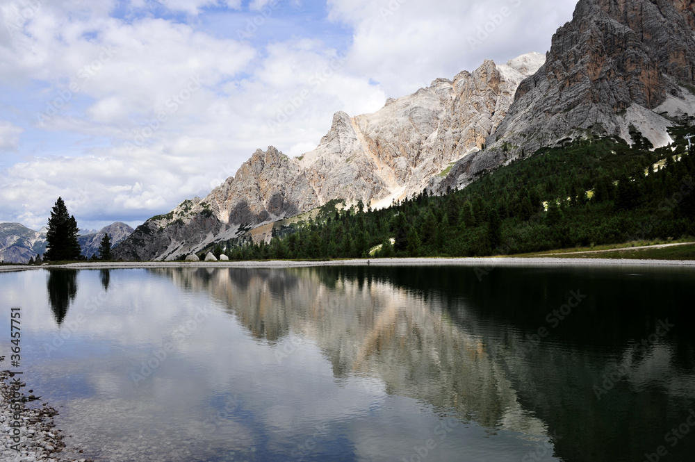 Mountain lake in Dolomite Alps in Cortina, Italy.